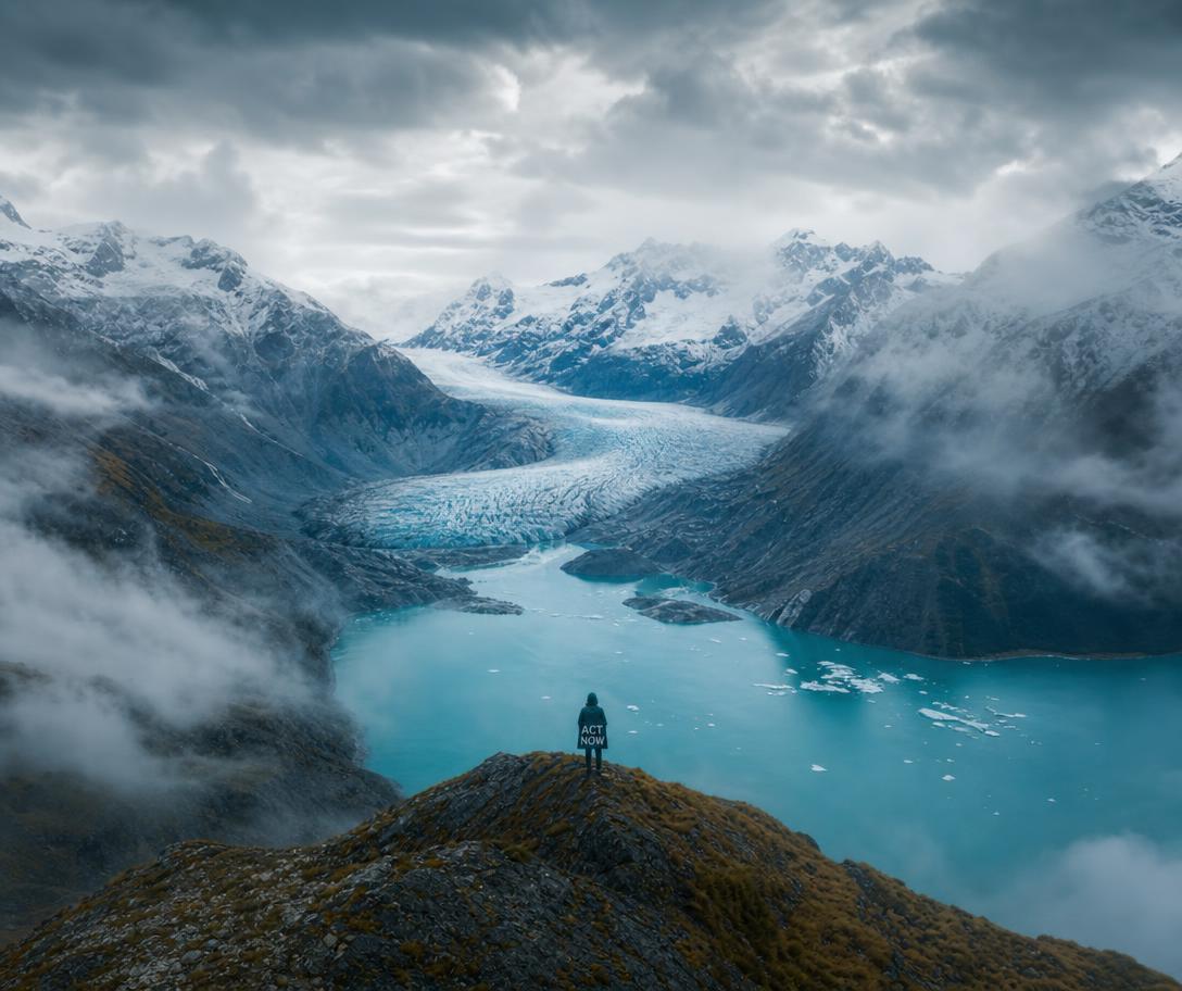 A lone climate activist stands on a ridge above a misty glacial valley